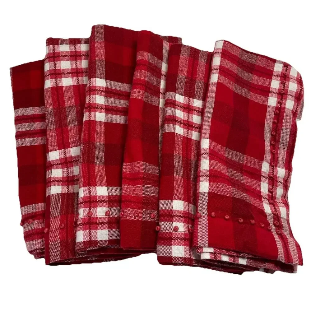 Sur La Table Red Plaid Beaded Cotton Napkins Set of 6 – 20” x 20” Made in India